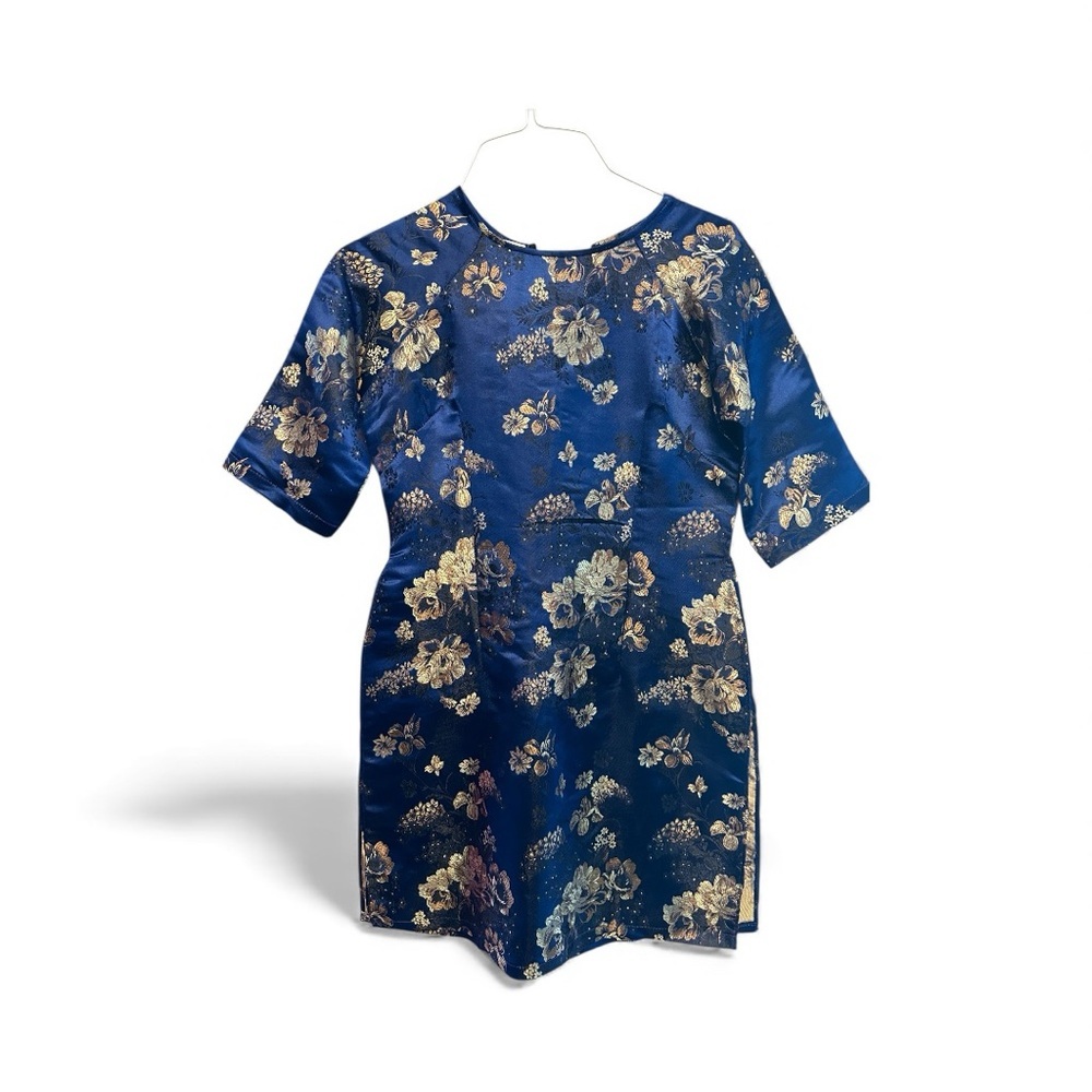 Y2K Era Kimono Inspired Tunic/Mini Dress with Blue & Gold Floral Pattern Small